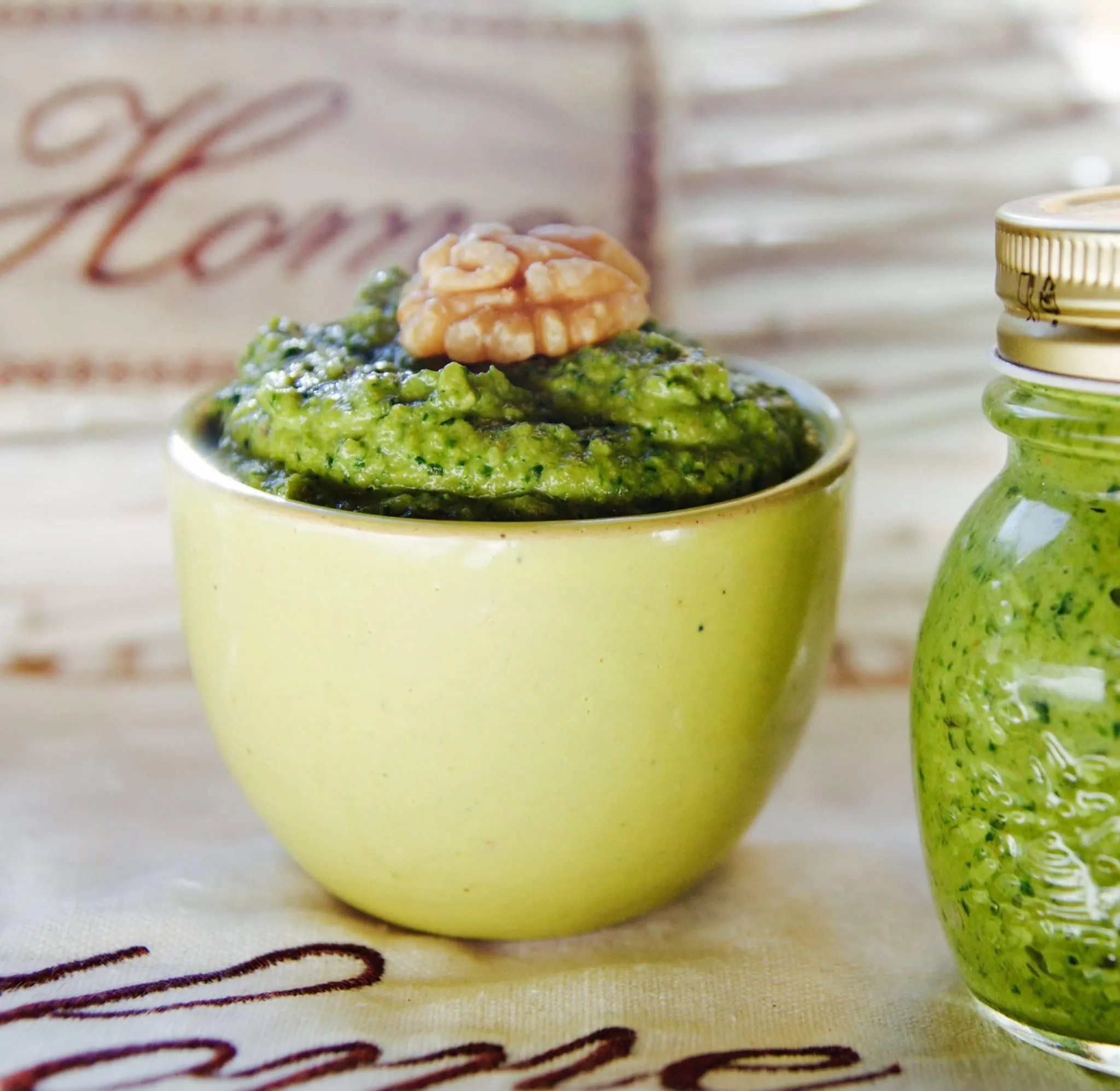 A bottle of basil pesto